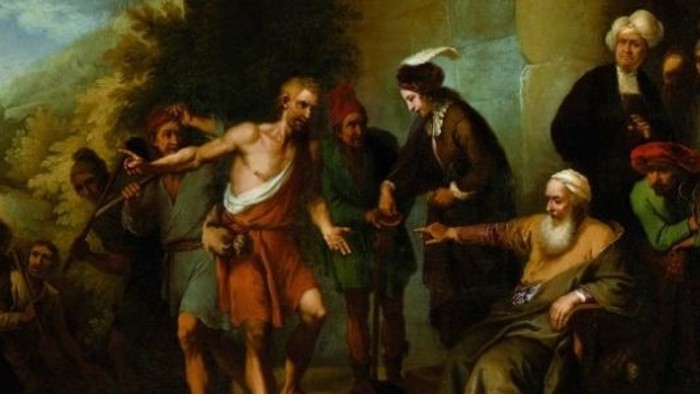 Billedet viser en religiøs scene med en mand i central rolle omgivet af en folkemasse.