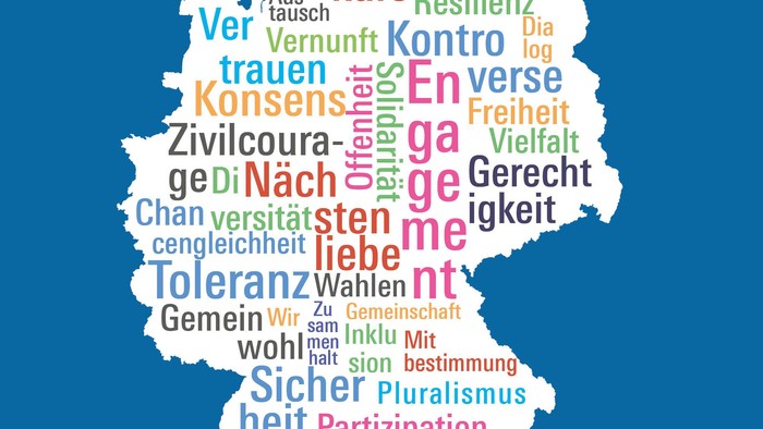 Karte Deutschlands mit politischen Schlagwörtern und dem Slogan "Wir reden mit!"