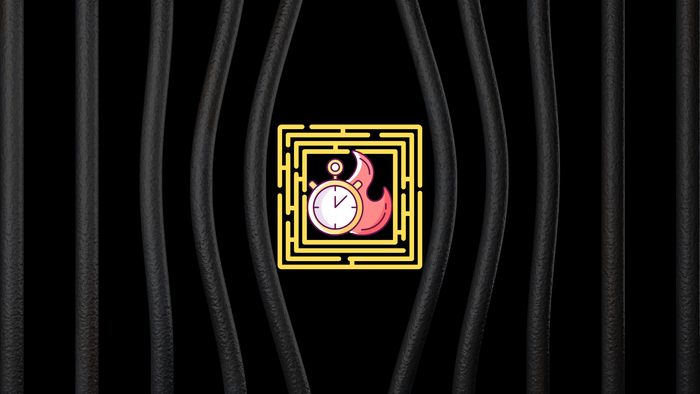 Ein goldgerahmte Uhr mit rosa Zifferblatt und schwarzen Zeigern befindet sich hinter schwarzen Gittern.