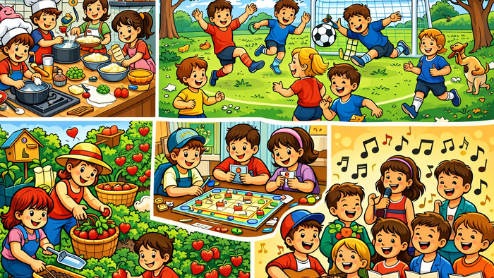 Kinder die Spielen, Singen, Backen und im Garten arbeiten.