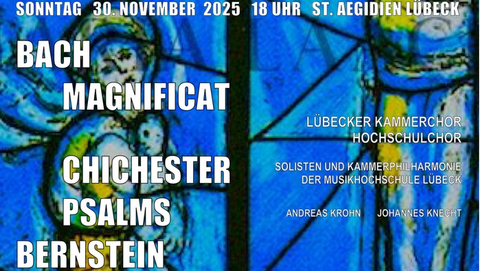 Poster für ein Konzert am 30. November 2025 mit Werken von Bach, Magnificat, Chichester, Psalms und Bernstein.