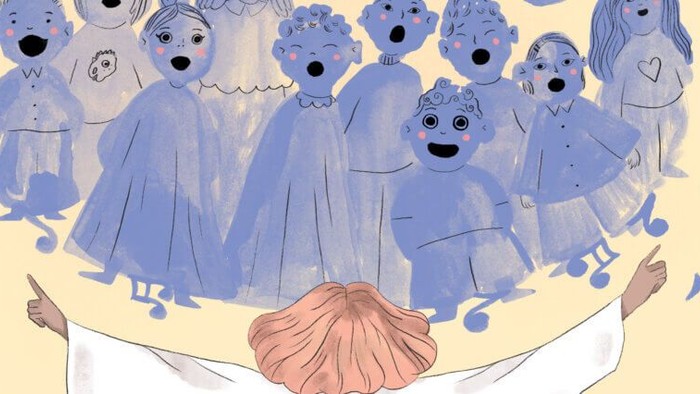 En gruppe bjørner synger i kor med blå kapper og noter flyver omkring