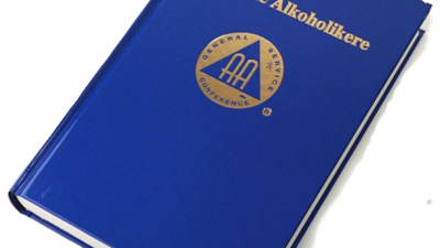 Blå bog med guldtrykket "Anonyme Alkoholikere" og AA-logo.