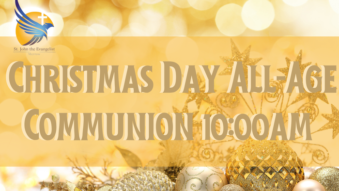 Christmas Day All-Age Communion 10:00 AM, decorated with gold ornaments and lights