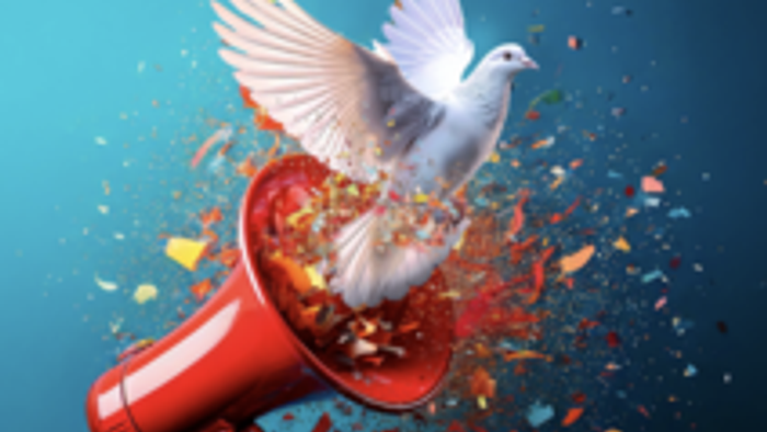 Das Plakat zeigt eine Taube, die aus einem Megafon fliegt, mit dem Text "Komm den Frieden wecken".