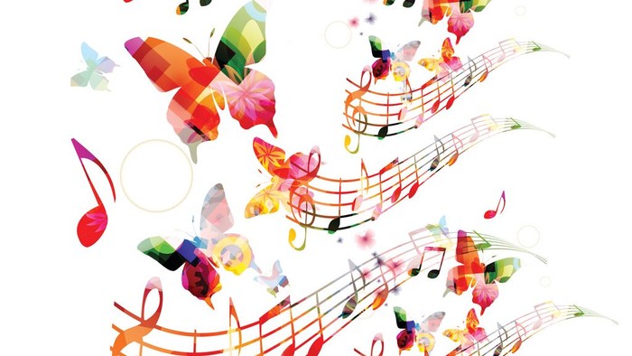 Lebendige Musiknoten verflechten sich mit farbenfrohen Schmetterlingen und floralen Mustern in einem lebhaften, künstlerischen Design.