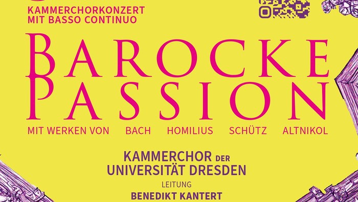 Poster für ein Konzert des Kammerchors der Universität Dresden mit Werken von Bach, Homilius, Schütz und Altnikol am 5. und 6. April 2023