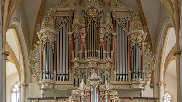 Aufwendige Pfeifenorgel in einem prächtigen Saal mit Gewölbedecke.
