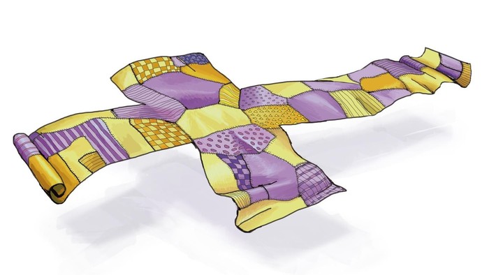 Bunter, geflickter Stoffriemen in Form eines Kreuzes