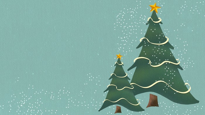 Two decorated Christmas trees with gold ornaments and a star on top, set against a light blue background with falling snowflakes.