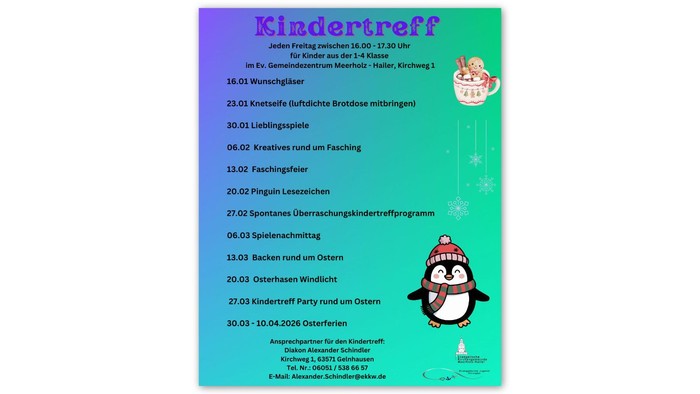 Ein buntes Plakat mit Kinderaktivitäten und Veranstaltungen im „Kindertreff“ von Januar bis Anfang April.