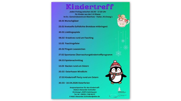 Ein buntes Plakat mit Kinderaktivitäten und Veranstaltungen im „Kindertreff“ von Januar bis Anfang April.