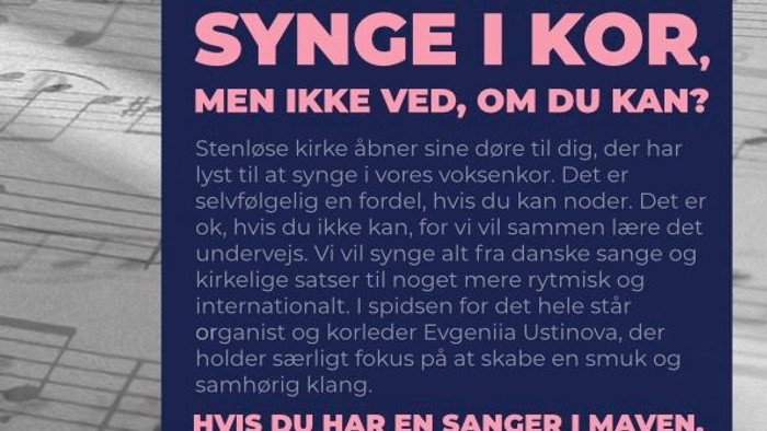 Plakat med spørgsmål om synge og tanker om synge, med kontaktoplysninger til arrangementet.