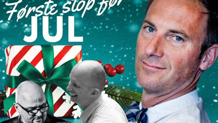 En mand er afbildet med julemotiver og tekst på svensk.