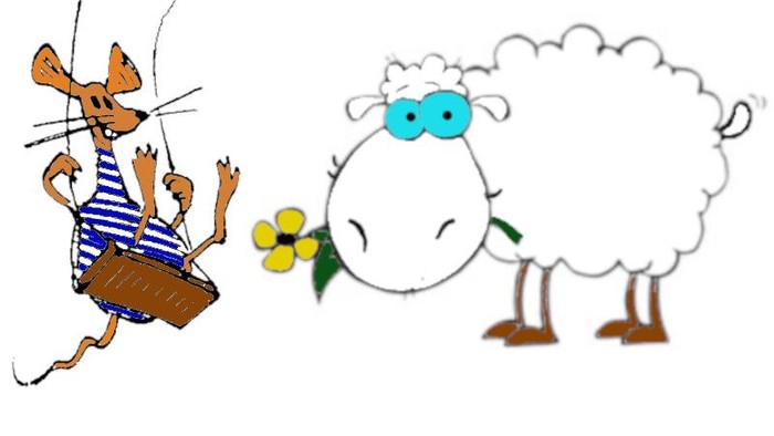 Ein Hund spielt Akkordeon, daneben steht ein Schaf mit blauen Augen.
