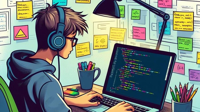 Ein Programmierer arbeitet an einem Schreibtisch mit Laptop und Notizen.