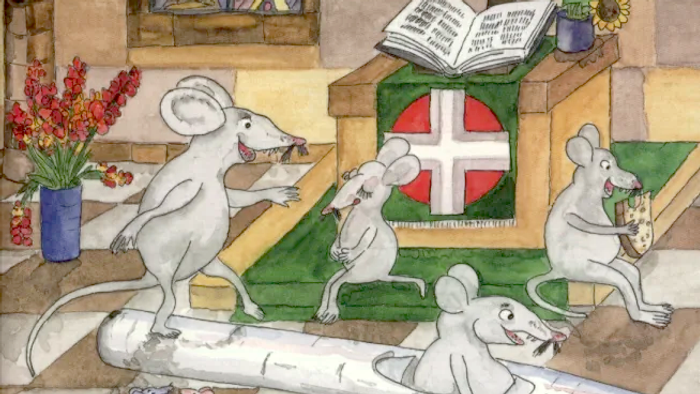 Das Buch zeigt eine illustrierte Geschichte mit Mäusen in einer Kirche, begleitet von Musikinstrumenten und einem Mönch.