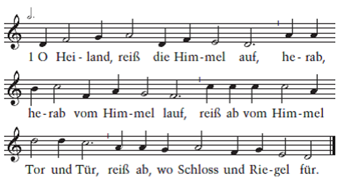 Das Bild zeigt Noten und den Text des Liedes "O Heiland, reiß die Himmel auf".