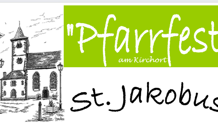 Das Bild zeigt das Pfarrfest am Kirchort St. Jakobus mit einer Kirche.