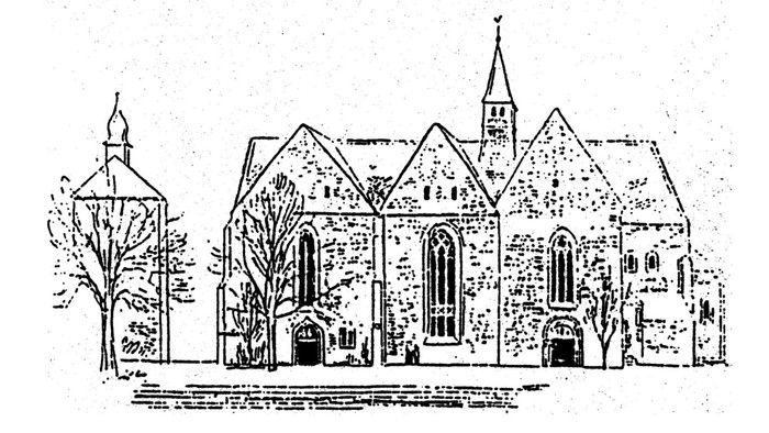 Zeichnung einer gotischen Kirche mit zwei Türmen und großen Fenstern