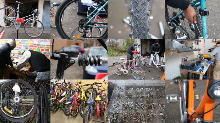 Verschiedene Bilder von Fahrrädern in unterschiedlichen Umgebungen und Zuständen, darunter Nahaufnahmen von Teilen sowie Menschen mit Fahrrädern.