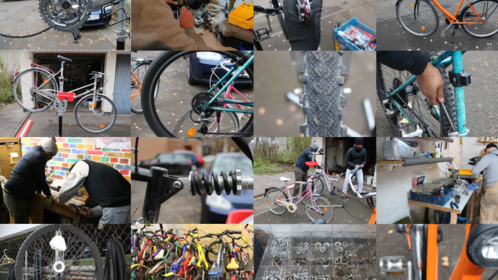 Verschiedene Bilder von Fahrrädern in unterschiedlichen Umgebungen und Zuständen, darunter Nahaufnahmen von Teilen sowie Menschen mit Fahrrädern.