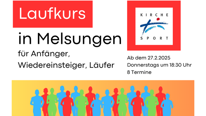 Plakat für einen Sportkurs in Melsungen, Deutschland, Beginn am 27. Februar 2025, mit Schwerpunkt auf Fitness, Laufen und Gesundheit.