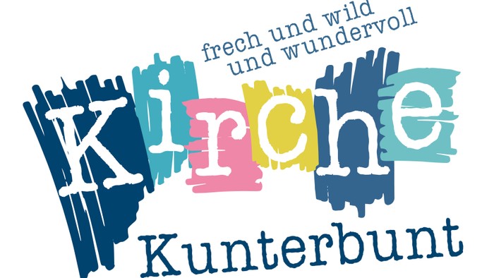 Buntes Logo mit dem Text *„Kirche Kunterbunt“* und *„frisch und wild und wunderbar“*