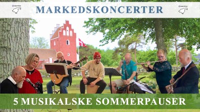 En gruppe musiker spiller i en park foran et rødt hus med danskerne på taget