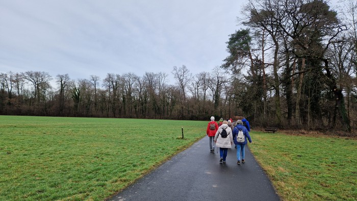 Ein Gruppe von Menschen spaziert auf einem Weg durch eine grüne Landschaft mit Bäumen.
