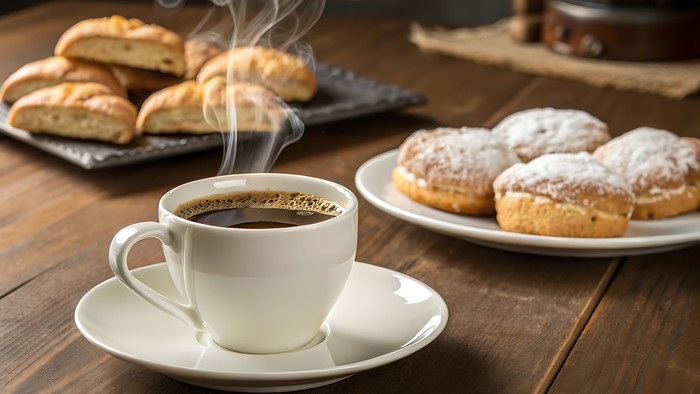 En kaffekop og smørkager på bordet