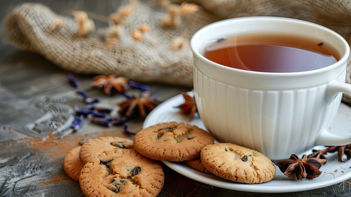 En hvid tekop og en kage med keks og krydderier på et bord.
