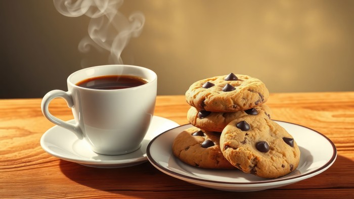 En kop kaffe og en stakke chokoladecookies på en træbord