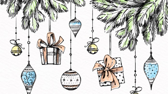 Das Bild zeigt Weihnachtsdekorationen mit Geschenken und Ornamenten an Tannenzweigen