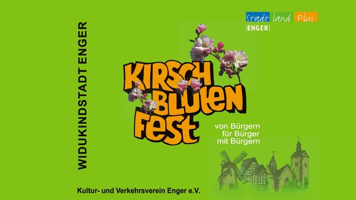 Das Bild zeigt das Logo des Kirschblütenfests in Enger mit grünem Hintergrund und Text.