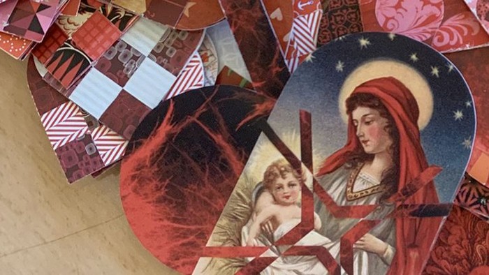 Billedet viser en religiøs ikon med Maria og Jesus og et rødt hjerte med spørremærke.