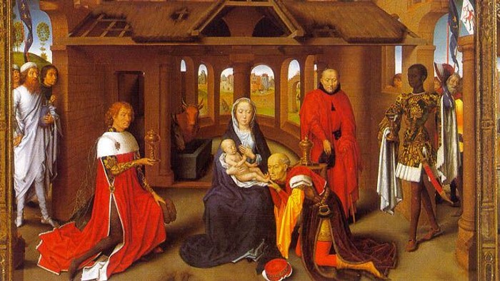 Billedet viser en religiøs scene med several figurer i traditionelle klæder.