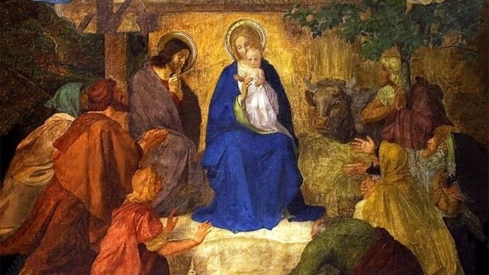 Billedet forestiller en religiøs scene med Maria og Jesus, omgivet af engle og andre figurer.