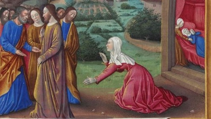 En maleri af en religiøs scene med flere personer i historiske klæder.