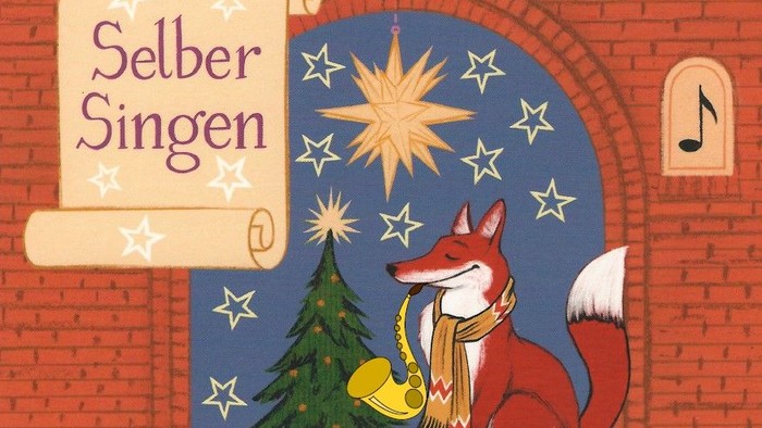 Weihnachtliches Plakat für ein Mitsingkonzert am 6. Dezember 2025 mit einem Fuchs, der ein Saxophon spielt
