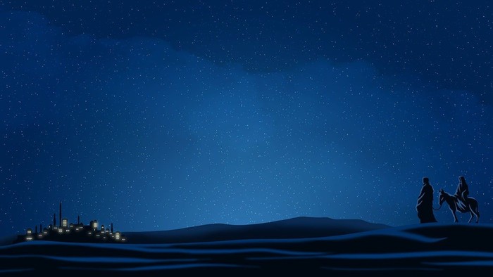 Zwei Reiter auf Kamelen in der Wüste bei Nacht, Stadt im Hintergrund