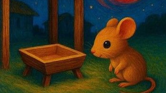 Eine Maus steht vor einer leeren Krippe, über der ein Stern schwebt, den ein Farbwirbel ummalt