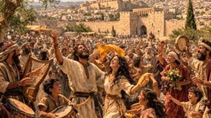 Tanz in Jerusalem, viele Menschen mit Musikinstrumenten