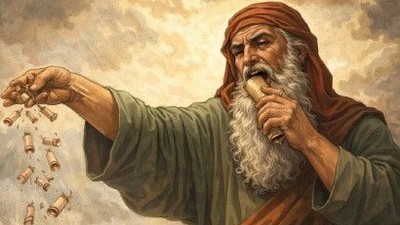 Der Prophet Hesekiel, dargestellt als alter Mann mit Bart, isst mit der linken Hand eine große Schriftrolle, während er mit der rechten Hand viele kleine Schriftrollen ausstreut über Menschen, die – wesentlich kleiner dargestellt – sich ausstrecken, um ei