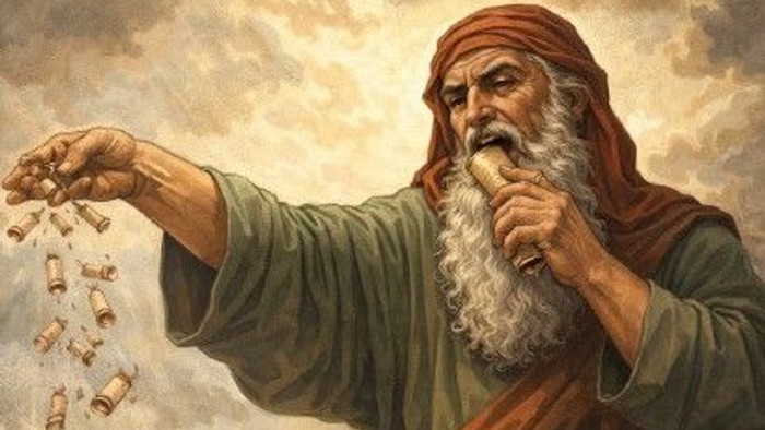 Der Prophet Hesekiel, dargestellt als alter Mann mit Bart, isst mit der linken Hand eine große Schriftrolle, während er mit der rechten Hand viele kleine Schriftrollen ausstreut über Menschen, die – wesentlich kleiner dargestellt – sich ausstrecken, um ei