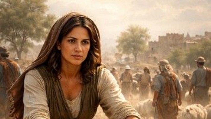 Eine Frau führt mit klarem Blick einen Pflug, der von einem Esel über einen Acker gezogen wird