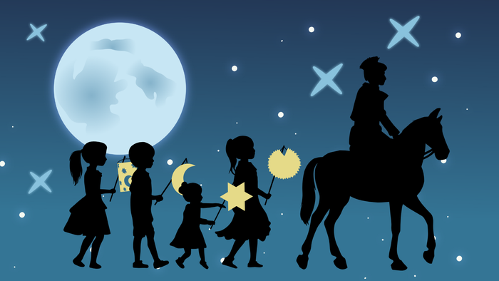 Grafik mit Laternenzug, angeführt von einem Reiter auf dem Pferd