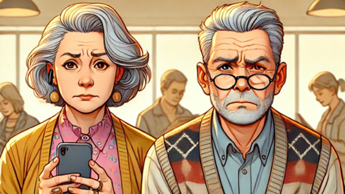 Ein Mann und eine Frau schauen verärgert auf ihre Handys, während sie an einem Tisch sitzen.