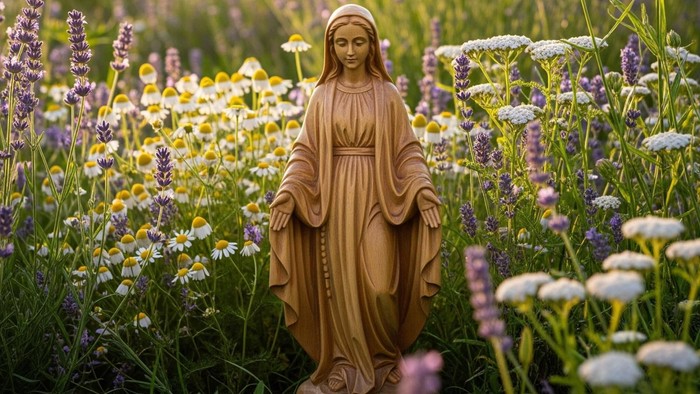 Eine friedvolle Statue einer verhüllten Figur steht inmitten lebendiger, blühender Wildblumen in einem sonnenbeschienenen Garten.
