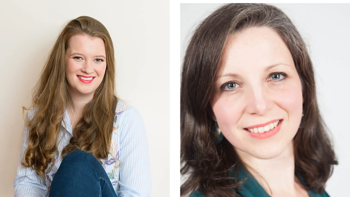 Two women smiling, one in a striped shirt and jeans, the other in a green top.